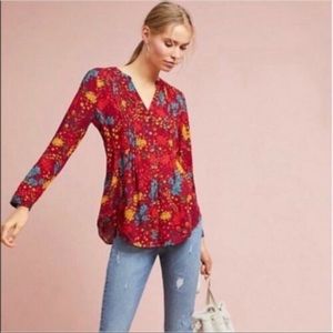Anthropologie Maeve Brick Red Floral Pintuck Blouse